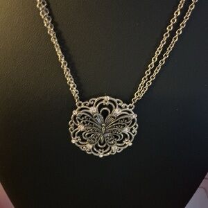 Cookie Lee Vintage Silver Tone Filigree Butterfly Pendant Necklace